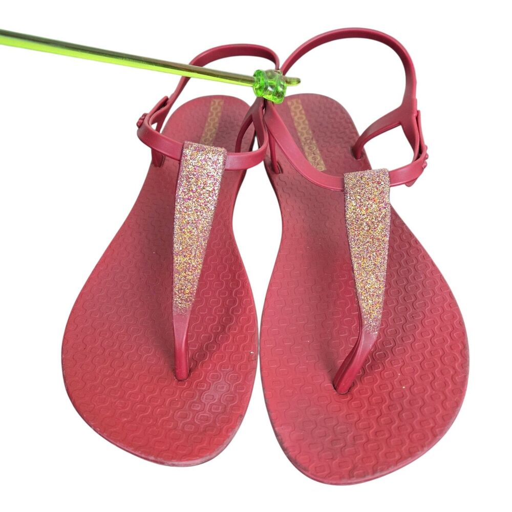 Ipanema Shimmer Burgundy Toe Post Sandals 8 Thong Glitter Ankle Strap Festival